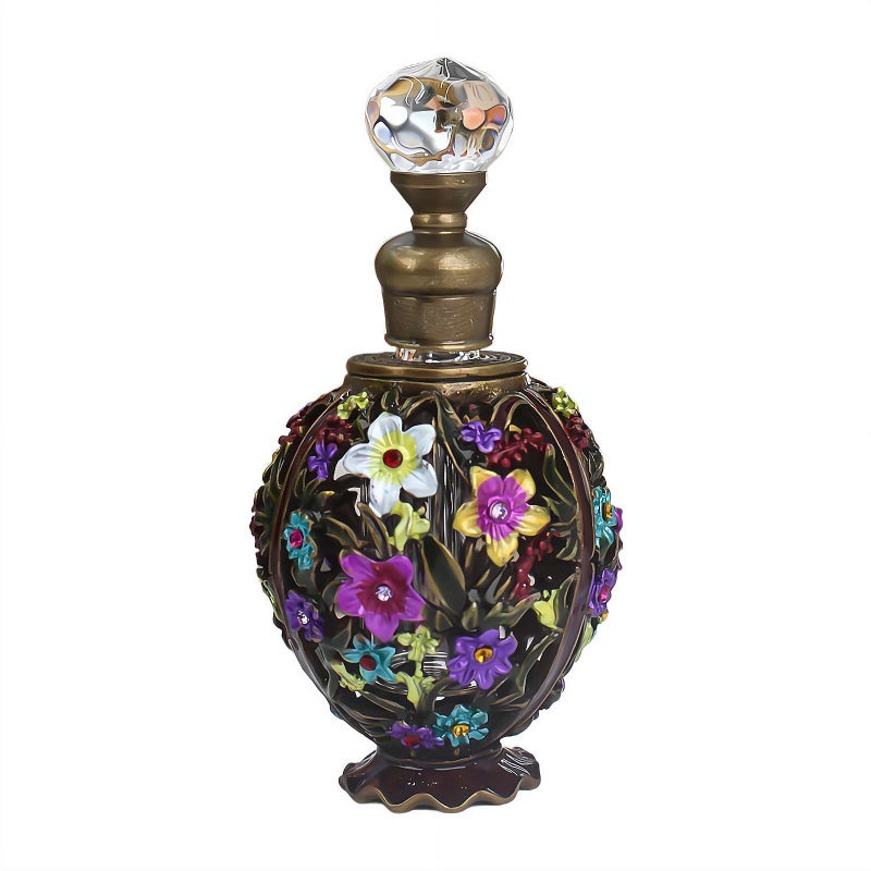Vintage Refillable Empty Perfume Bottles,Enamel Painted Flower Perfume Bottle for Mom,Decorative Crystal Perfume Holder Container,Flowers Essential Oil Bottle for Living Room Decor - Image 1